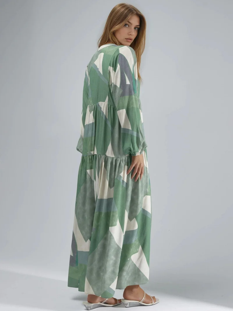 HICCUP Sage Green Printed Long Sleeve Viscose Maxi Dress for Women | Best Price UAE